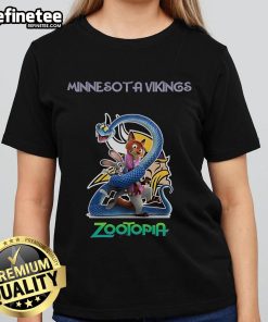 Official Minnesota Vikings Zootopia 2 Ladies Tee featuring vibrant graphics and comfortable fit for fans.