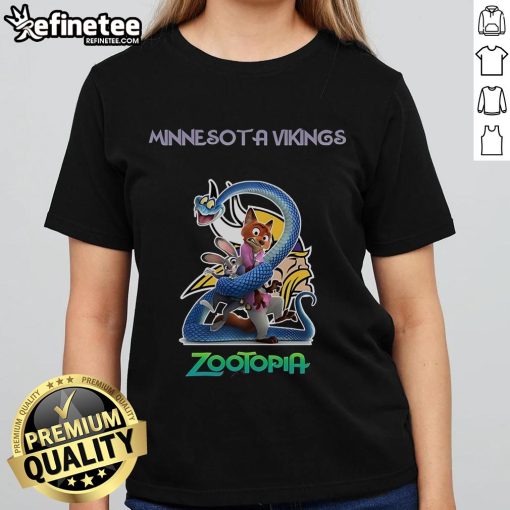 Official Minnesota Vikings Zootopia 2 Ladies Tee featuring vibrant graphics and comfortable fit for fans.