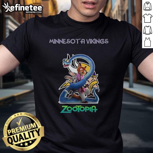 Official Minnesota Vikings Zootopia 2 T-Shirt featuring vibrant graphics and team logo, perfect for fans and collectors.