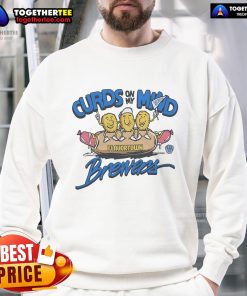 Official MLB X Flavortown Milwaukee Brewers 'Curds On My Mind' sweatshirt featuring team colors and logo.