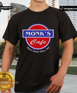 Official Monk's Cafe New York City NY T-Shirt featuring iconic design, perfect for fans of the beloved TV show.