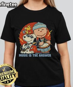 Official Music Is The Answer Peanuts Snoopy Ladies Tee featuring a vibrant Snoopy graphic on a stylish women's shirt.