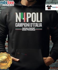 Official Napoli N4POLI Champions d'Italia 2024-2025 hoodie featuring team colors and logo, perfect for fans.