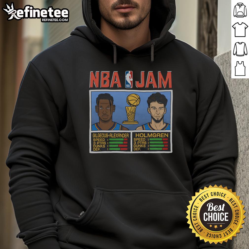 Official Nba Jam Thunder 2025 Champs Gilgeous Alexander And Holmgren Hoodie Alt Text: Official NBA Jam Thunder 2025 Champs hoodie featuring Gilgeous-Alexander and Holmgren celebrating victory.