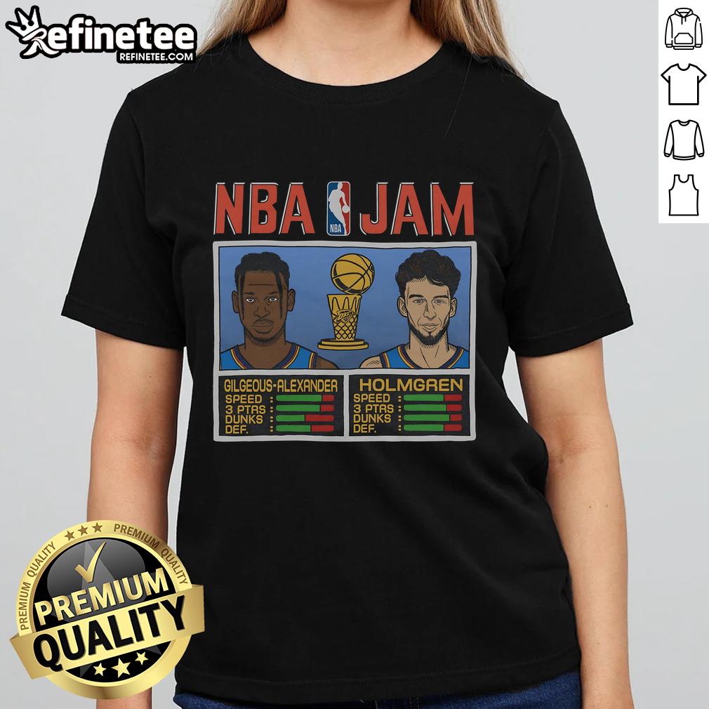 Official Nba Jam Thunder 2025 Champs Gilgeous Alexander And Holmgren Ladies Tee Official NBA Jam Thunder 2025 Champs tee featuring Gilgeous-Alexander and Holmgren for ladies, perfect for fans.