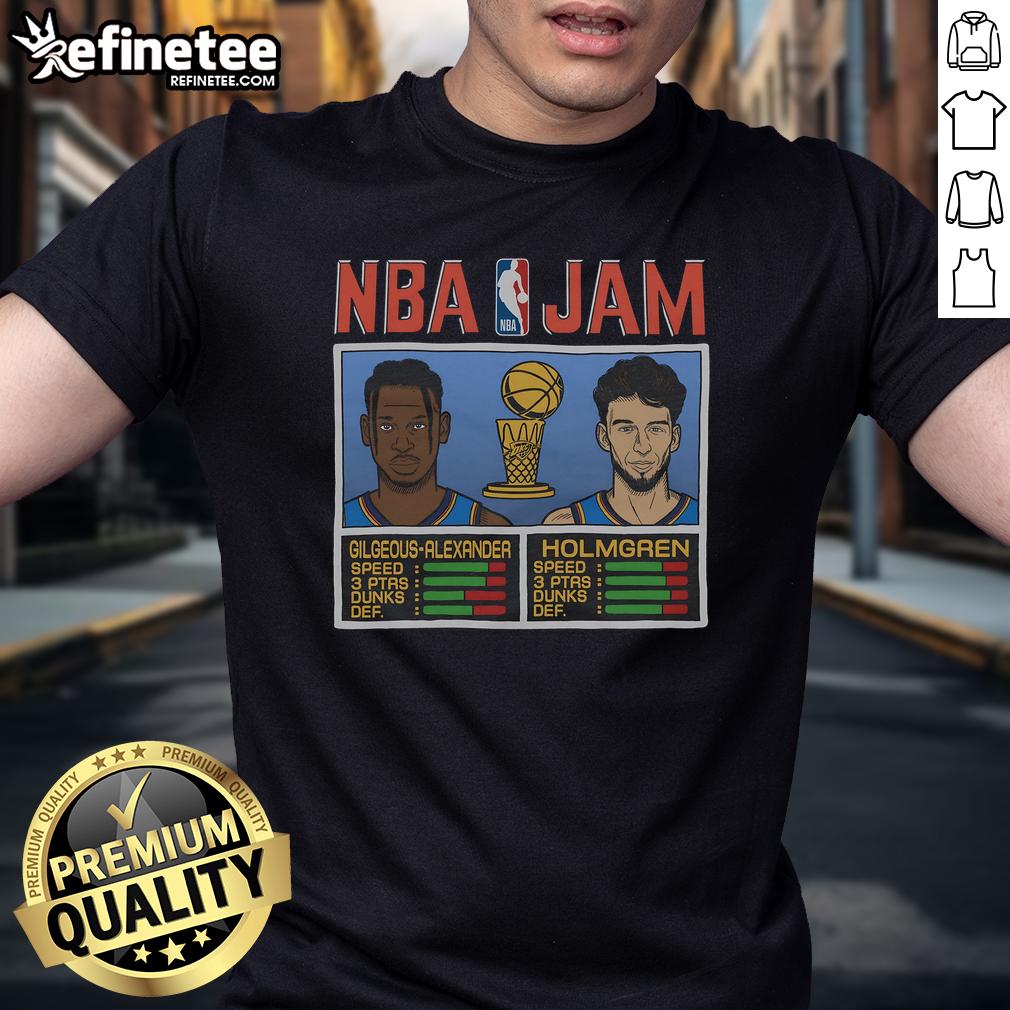 Official Nba Jam Thunder 2025 Champs Gilgeous Alexander And Holmgren T Shirt Official NBA Jam Thunder 2025 Champs T-Shirt featuring Gilgeous-Alexander and Holmgren, perfect for fans and collectors.