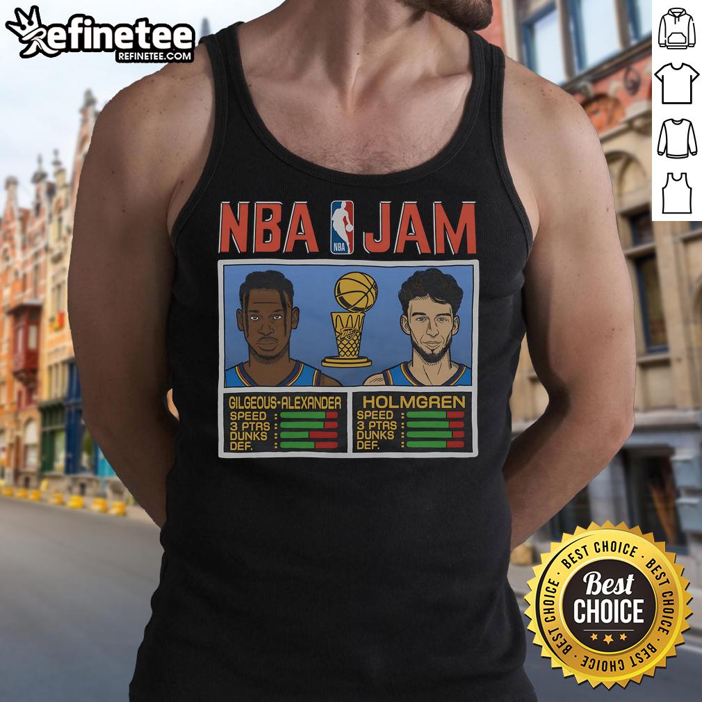 Official Nba Jam Thunder 2025 Champs Gilgeous Alexander And Holmgren Tank Top Official NBA Jam Thunder 2025 Champs tank top featuring Gilgeous-Alexander and Holmgren in vibrant team colors.
