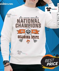 Alt Text: Oklahoma State Cowboys sweatshirt featuring the official NCAA Division I Men's Golf National Champions 2025 logo.