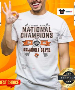 Official NCAA Division I Men's Golf National Champions 2025 Oklahoma State Cowboys logo on a stylish t-shirt.