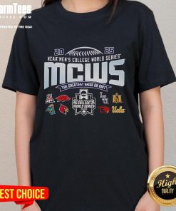 Official NCAA Men's College World Series 2025 ladies tee featuring vibrant graphics and a stylish design.