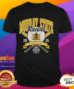 Alt Text: Official NCAA Murray State Racers College World Series 2025 baseball T-shirt in blue with team logo and graphics.