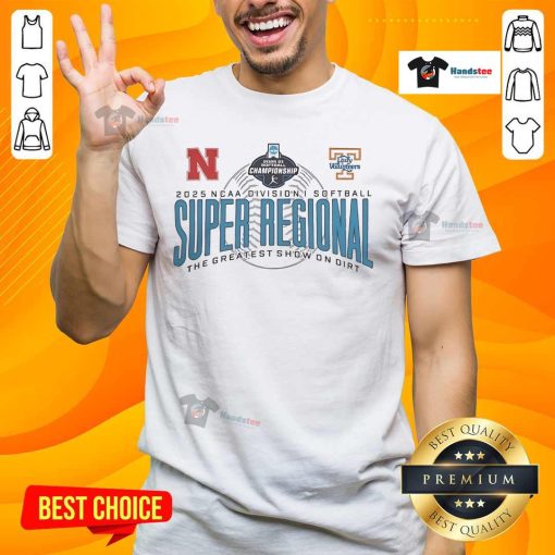 Official Nebraska Cornhuskers vs Tennessee Volunteers 2025 NCAA Baseball Super Regional T-Shirt design featuring team logos.