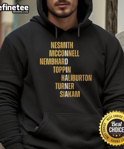 Official Nesmith McConnell Nembhard Toppin Haliburton Turner Siakam Names Hoodie featuring player names and vibrant design.