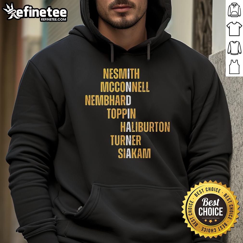 Official Nesmith McConnell Nembhard Toppin Haliburton Turner Siakam Names Hoodie Official Nesmith McConnell Nembhard Toppin Haliburton Turner Siakam Names Hoodie featuring player names and vibrant design.