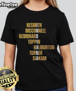 Official Nesmith McConnell Nembhard Toppin Haliburton Turner Siakam Names Ladies Tee featuring vibrant team graphics.
