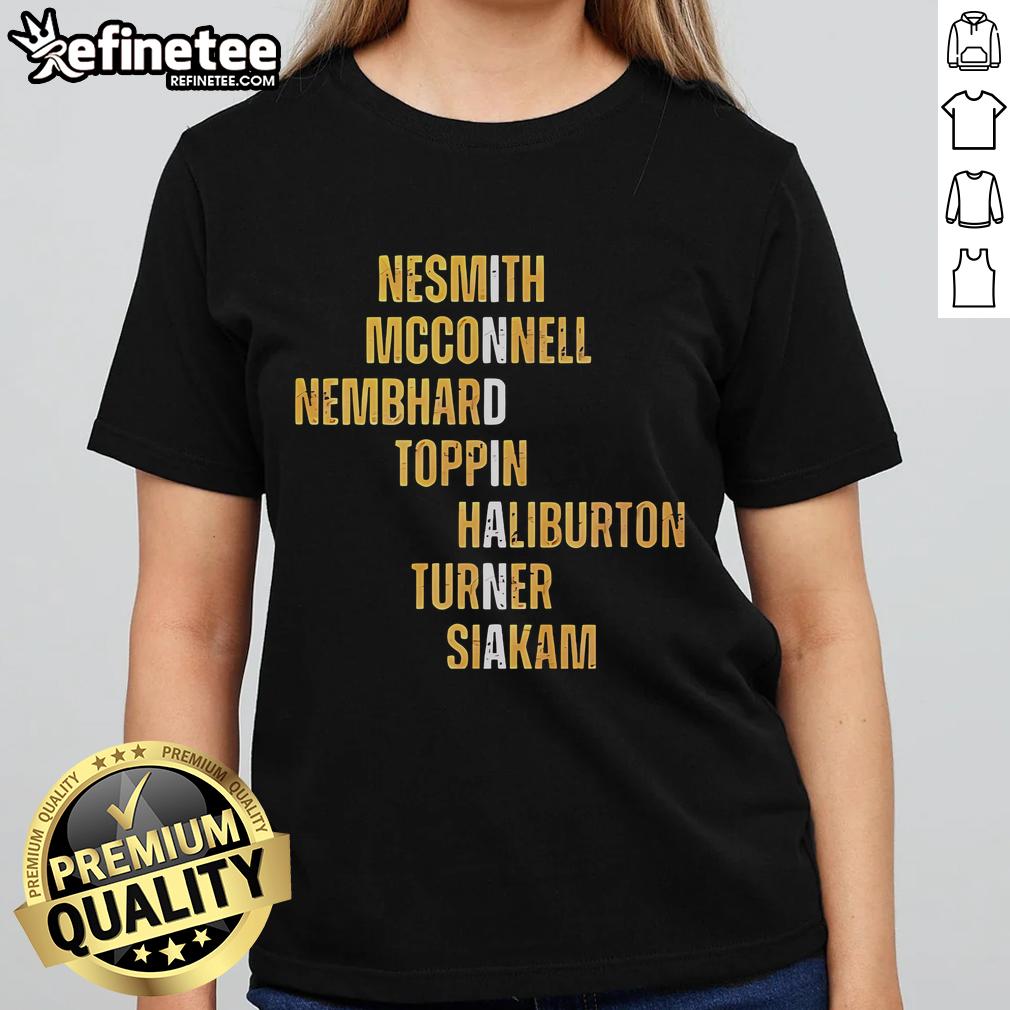 Official Nesmith McConnell Nembhard Toppin Haliburton Turner Siakam Names Ladies-Tee Official Nesmith McConnell Nembhard Toppin Haliburton Turner Siakam Names Ladies Tee featuring vibrant team graphics.