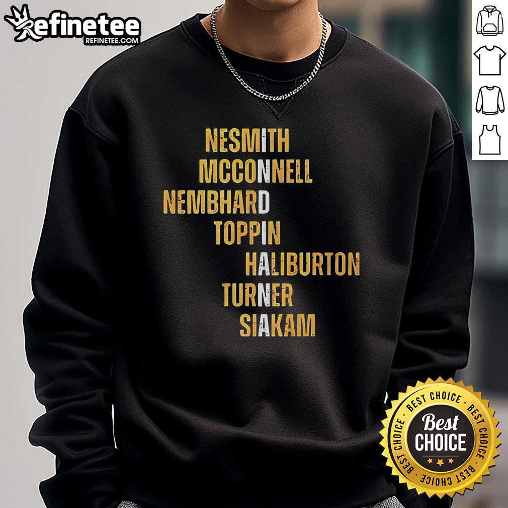 Official Nesmith McConnell Nembhard Toppin Haliburton Turner Siakam Names Sweatshirt Official sweatshirt featuring Nesmith, McConnell, Nembhard, Toppin, Haliburton, Turner, and Siakam names for fans.