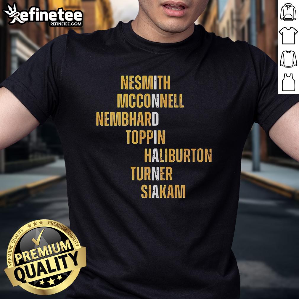 Official Nesmith McConnell Nembhard Toppin Haliburton Turner Siakam Names T-Shirt Official Nesmith McConnell Nembhard Toppin Haliburton Turner Siakam Names T-Shirt featuring popular basketball player names.