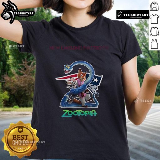 Official New England Patriots Zootopia 2 Ladies Tee featuring vibrant graphics, perfect for fans and stylish game day wear.