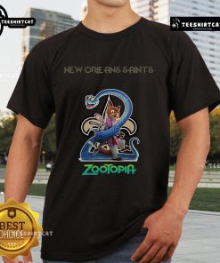 Official New Orleans Saints Zootopia 2 T-Shirt featuring vibrant graphics and team colors, perfect for fans and collectors.