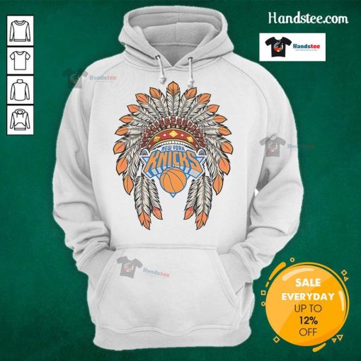 Official New York Knicks Native American logo hoodie featuring vibrant colors and stylish design for fans.