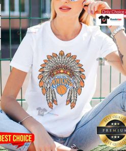 Alt Text: Official New York Knicks Native American Logo ladies tee featuring vibrant colors and stylish design for fans.