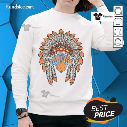 Alt Text: Official New York Knicks Native American logo sweatshirt featuring bold graphics and comfortable fit for fans.