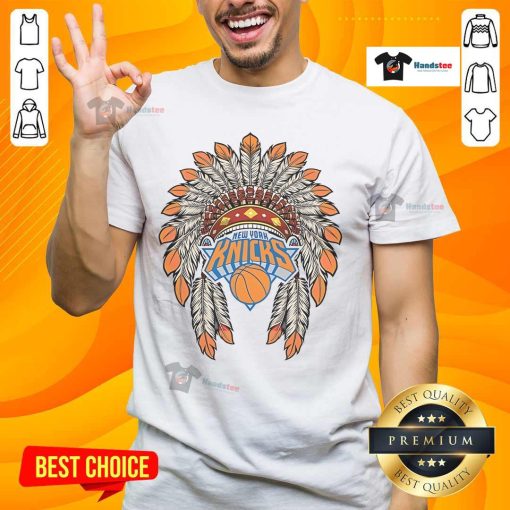 Official New York Knicks Native American Logo T-Shirt featuring a vibrant team logo on a stylish design.