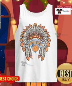 Official New York Knicks Native American logo tank top featuring vibrant colors and unique design for basketball fans.