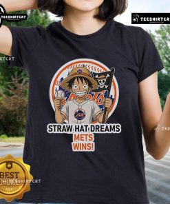 Official New York Mets Monkey D. Luffy Straw Hat Dreams Wins Ladies Tee featuring vibrant graphics and a stylish design.