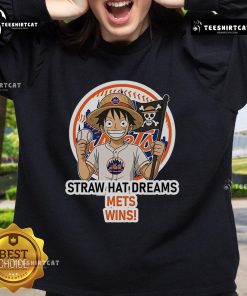Official New York Mets Monkey D. Luffy Straw Hat Dreams Wins Sweatshirt featuring vibrant colors and unique design.