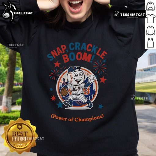 Official New York Mets Snap Crackle Boom sweatshirt celebrating Independence Day with vibrant team colors and logo.