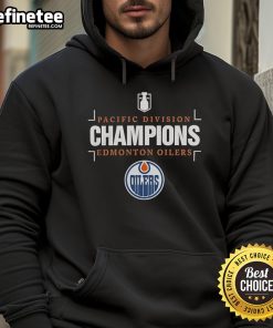 Official NHL 2025 Pacific Division Champions Edmonton Oilers hoodie featuring team colors and logo design.