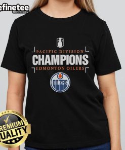 Alt Text: Edmonton Oilers Ladies Tee celebrating the Official NHL 2025 Pacific Division Champions victory in stylish design.