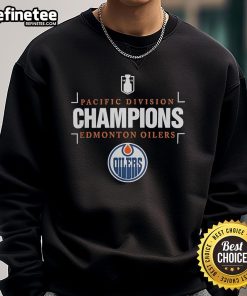 Edmonton Oilers sweatshirt celebrating the Official NHL 2025 Pacific Division Champions, featuring team colors and logo.