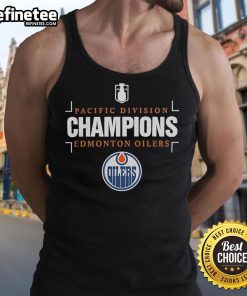 Alt Text: Official NHL 2025 Pacific Division Champions Edmonton Oilers tank top showcasing team logo and vibrant colors.