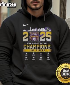 Official Nike LSU Tigers 2025 NCAA Baseball National Champions Skyline Hoodie in black with logo and stylish design.