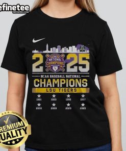 Official Nike LSU Tigers 2025 NCAA Baseball National Champions Skyline Ladies Tee showcasing team pride and style.