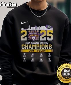 Official Nike LSU Tigers 2025 NCAA Baseball National Champions Skyline Sweatshirt in vibrant colors, showcasing team pride.