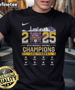 Alt Text: Official Nike LSU Tigers 2025 NCAA Baseball National Champions Skyline T-Shirt showcasing team pride and victory.