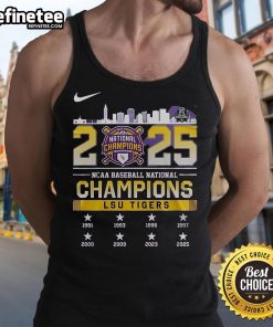 Official Nike LSU Tigers 2025 NCAA Baseball National Champions Skyline Tank Top featuring team colors and logo.