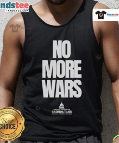 Rashida Tlaib wearing an 'Official No More War' tank top, promoting peace and activism in a vibrant design.