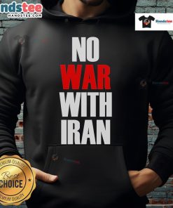 Official No War With Iran Hoodie featuring a bold message on a stylish black design, perfect for expressing peace.