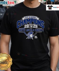 North Lincoln Knights 2025 NCHSAA 3A Baseball Champions T-Shirt featuring team logo and victory graphics.