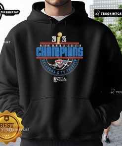 Official OKC Thunder 2025 NBA Champions Arch Hoodie in vibrant blue, featuring team logo and championship graphics.