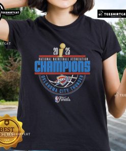 Official OKC Thunder 2025 NBA Champions Arch Ladies Tee featuring team colors and logo, perfect for fans.