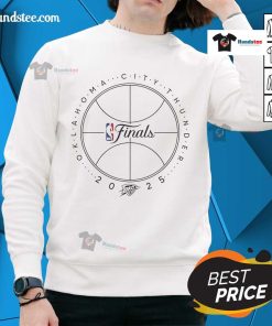 Official OKC Thunder 2025 NBA Finals sweatshirt featuring team colors and logo, perfect for fans and collectors.
