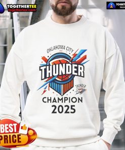 Alt Text: Official OKC Thunder Basketball World Champs 2025 logo sweatshirt featuring vibrant team colors and design.