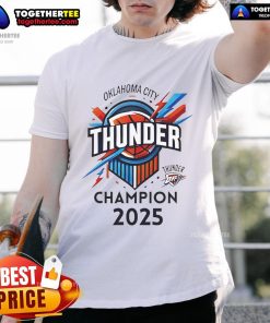 Alt Text: Official OKC Thunder Basketball World Champs 2025 logo t-shirt featuring vibrant team colors and championship design.
