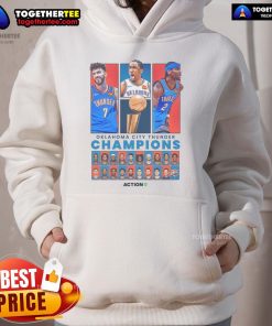 Official OKC Thunder hoodie celebrating their victory in the 2024-25 NBA Finals, featuring team colors and logo.